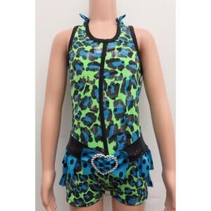 Dance Costume Curtain Call E1146 Large Child Green Ruffles Jazz Leopard Blue